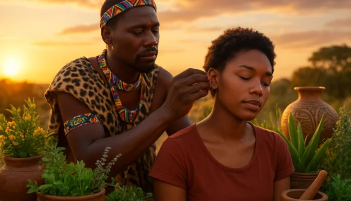 South African healer in traditional attire performs auricular acupuncture on patient, surrounded by herbs and artifacts at sunset.
