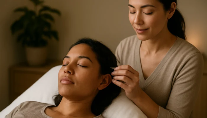 Person receiving ear acupuncture in Cape Town clinic for stress relief and relaxation.