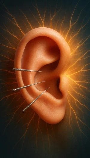 Illustration of auricular acupuncture: needles in human ear concha with glowing neural pathways.