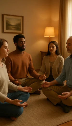 A diverse group meditates in a 1970s therapy circle, symbolizing recovery from addiction and anxiety.