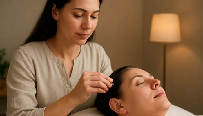 Therapist applying Dr. Nogier's auricular therapy seeds to patient's ear in softly lit clinic.