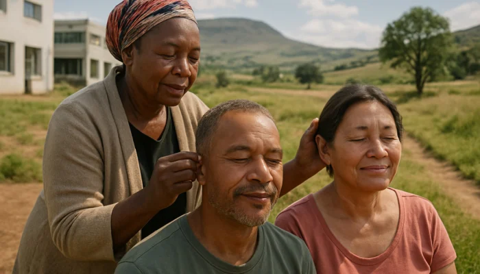 Healer performs auricular therapy on arthritis patients in serene South African setting.