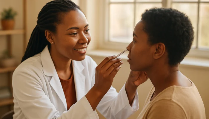 Practitioner mapping auricular points on patient's ear during anxiety consultation in sunlit Johannesburg clinic.