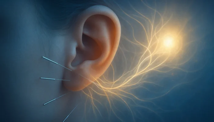 Ethereal ear close-up with acupuncture needles and glowing neural threads to luminous hypothalamus in serene blue-gold auras.