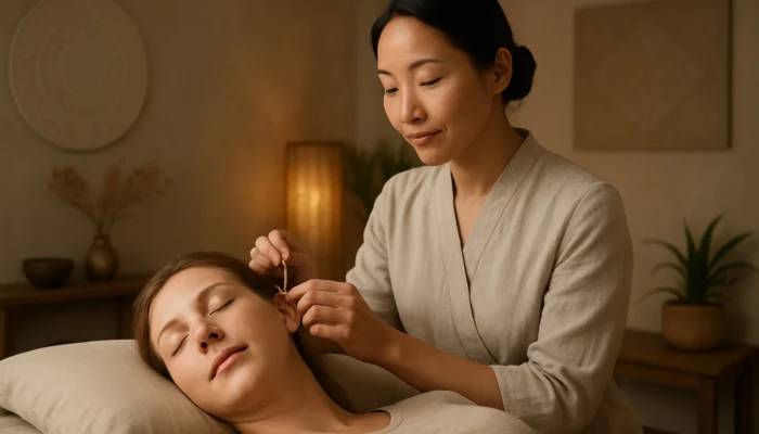Practitioner applies auricular acupuncture to relaxed patient in serene wellness center with warm healing light.