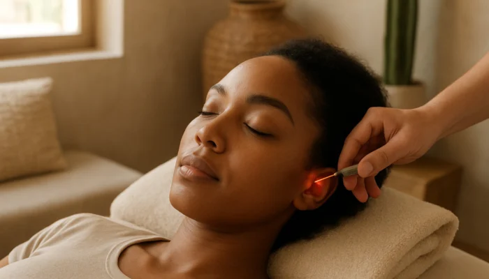 Serene woman receiving auricular laser acupuncture in sunlit Cape Town wellness center, eyes closed.