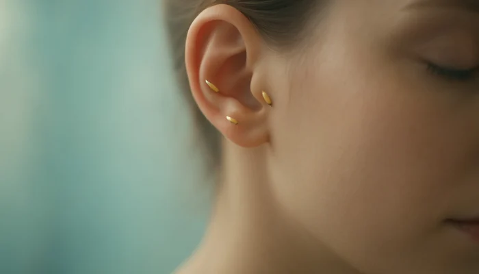Close-up of woman's ear with delicate gold seeds for non-invasive auricular acupuncture and nerve calm