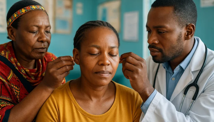 Traditional healer and physician apply auricular acupuncture to patient in South African township clinic.