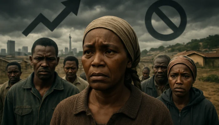 Anxious South Africans in Johannesburg streets and villages amid economic uncertainty and stormy skies.