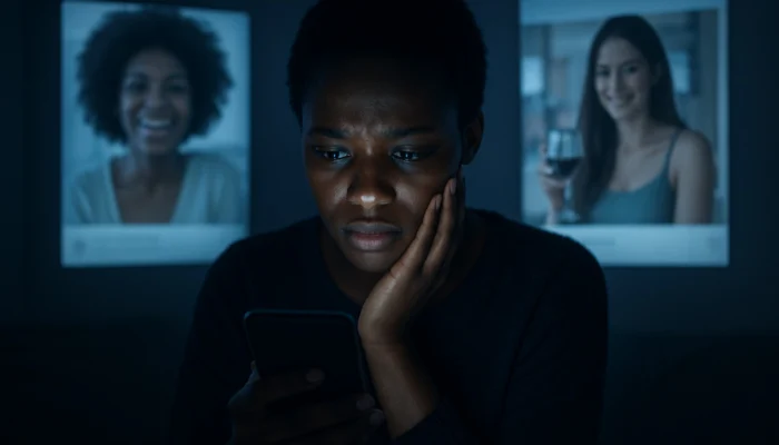 Young South African woman anxiously scrolling phone at night in Johannesburg, facing social media FOMO.