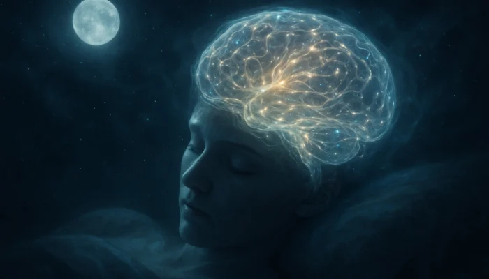 Ethereal sleeping figure with glowing brain and neural pathways organizing memories amid moonlit cosmic light.