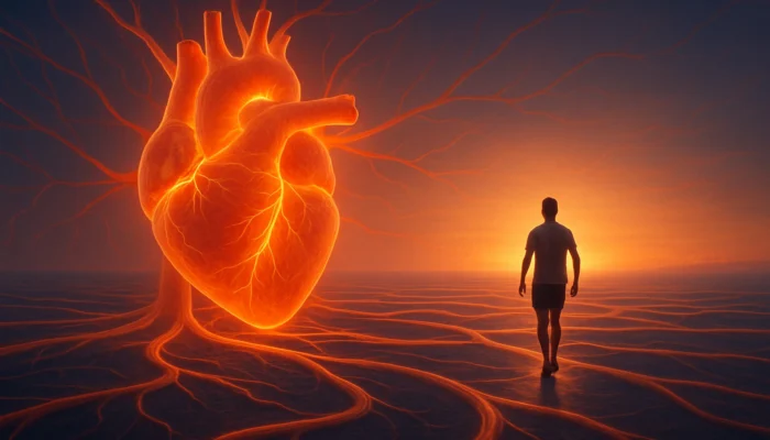Glowing anatomical heart with luminous blood vessels and person walking at sunrise for heart health