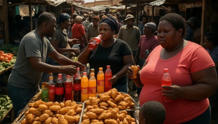 Soweto township market with residents buying sugary sodas and fried snacks from crowded stalls.