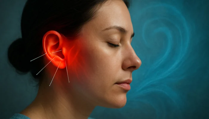 Serene figure receiving auricular acupuncture, needles easing ear inflammation with red-to-blue relief visualization