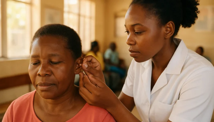 Practitioner inserting auricular acupuncture needles into patient's ear at sunlit South African health clinic.